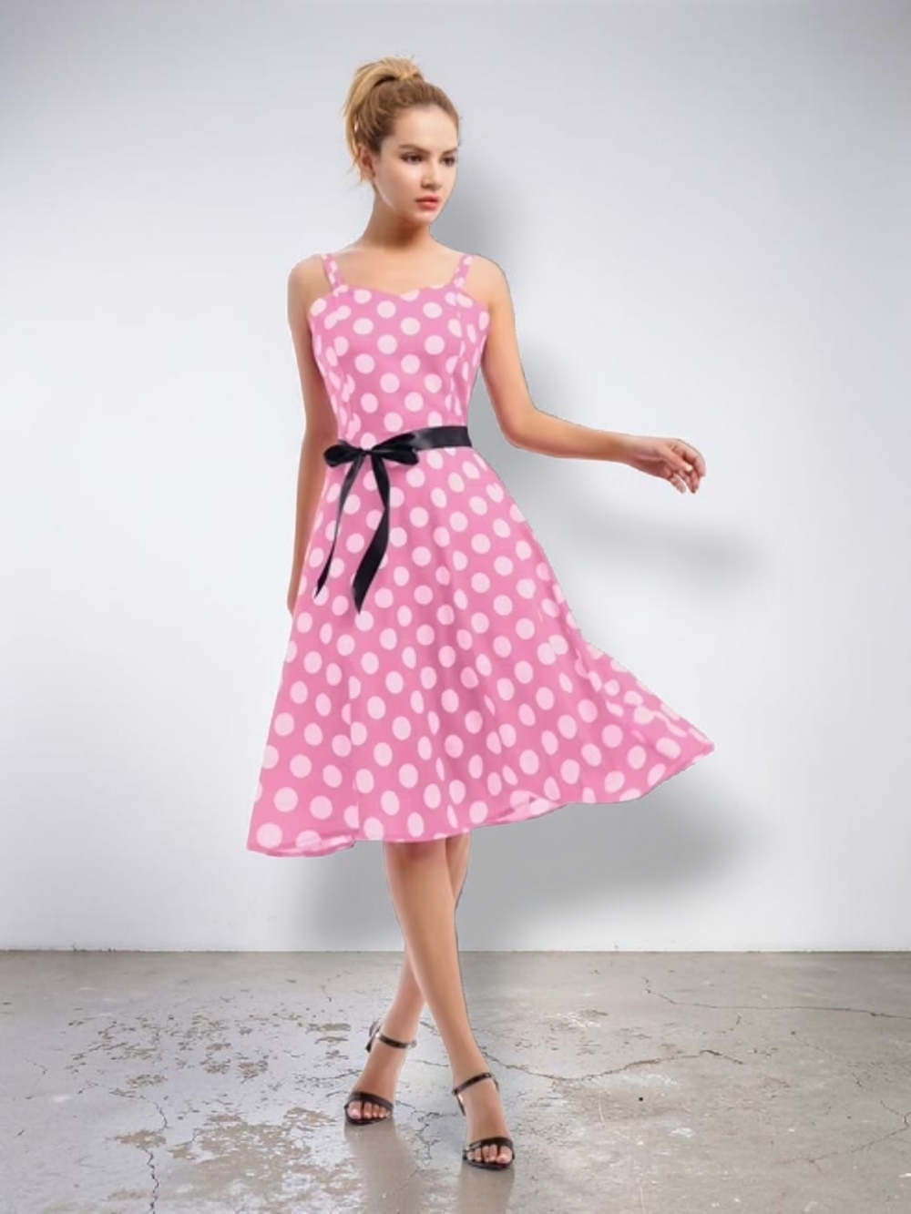 IWEMEK - Small Pink Polka Dot A-Line Dress with Black Waist Tie